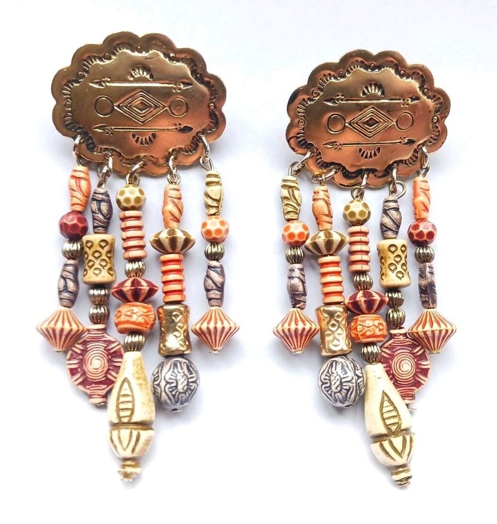 Vintage HAND CRAFTED Native American Navajo Beaded Dangle Concho Stud Earrings